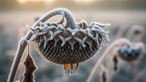 captivating frosted sunflower amidst a winter landscape: a close-up view of nature's unseen beauty in a cool morning light