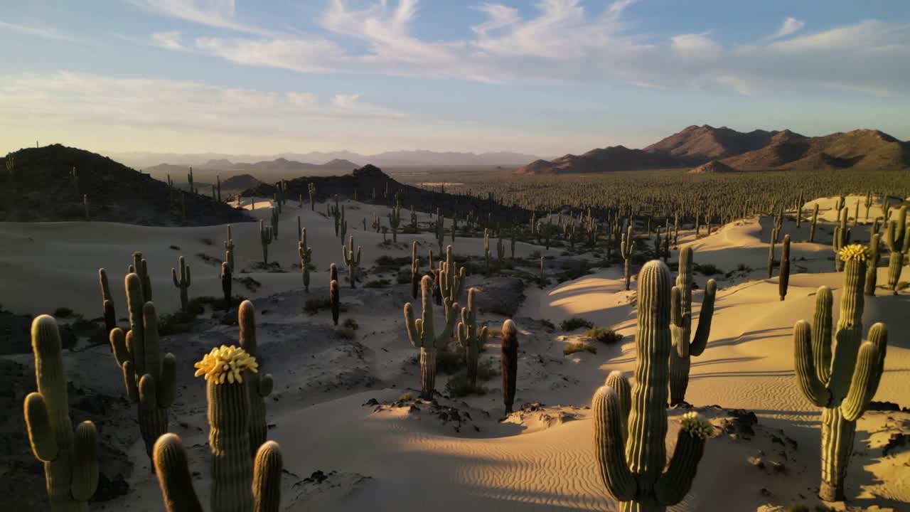 Telecamera che avanza rivelando densi cactus colonnari su dune di sabbia, evidenziando fioriture gialle.