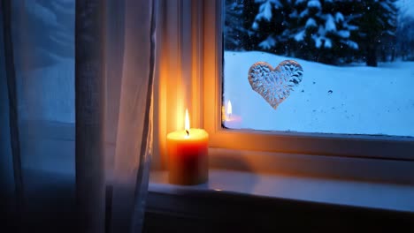 snowy winter window with candle and heart