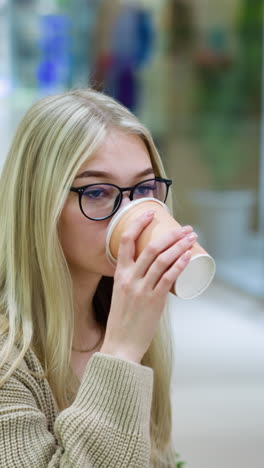 joven con gafas bebiendo té mientras está sentada en el centro comercial con una expresión reflexiva, el fondo presenta una tienda de ropa con una vista borrosa de la ropa en exhibición y maniquíes