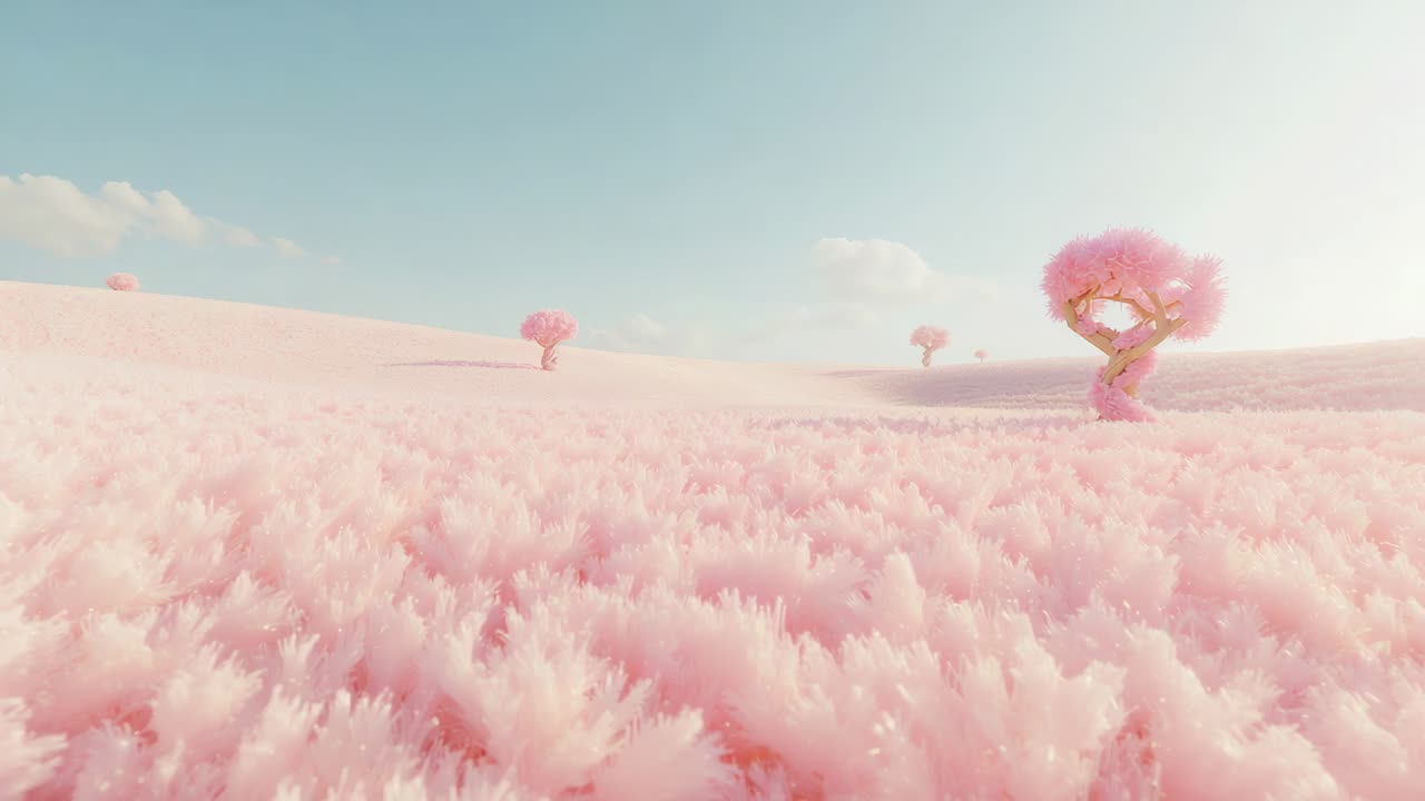 Dolly-kamera som avslører et vridd, rosa tre til høyre i et pastellfarget felt, som viser tekstur, copy space