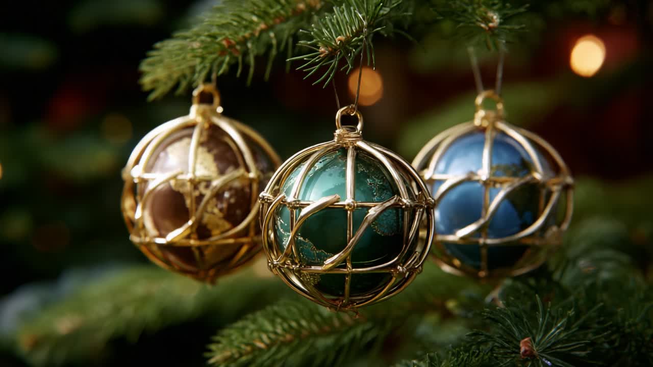 A Beautiful Display of Ornamental Christmas Baubles Hanging from a Lush Green Pine Tree, Featuring Intricate Gold Wire Designs Enclosing Vibrant Globes in a Festive and Joyful Atmosphere