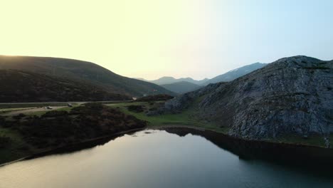 aerial shot at sunset of isoba lake in the mountain pass of san isidro between the province of leon and asturias