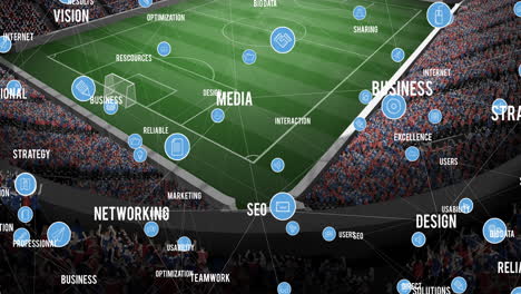 animation of network of connections and text over empty stands in sports stadium