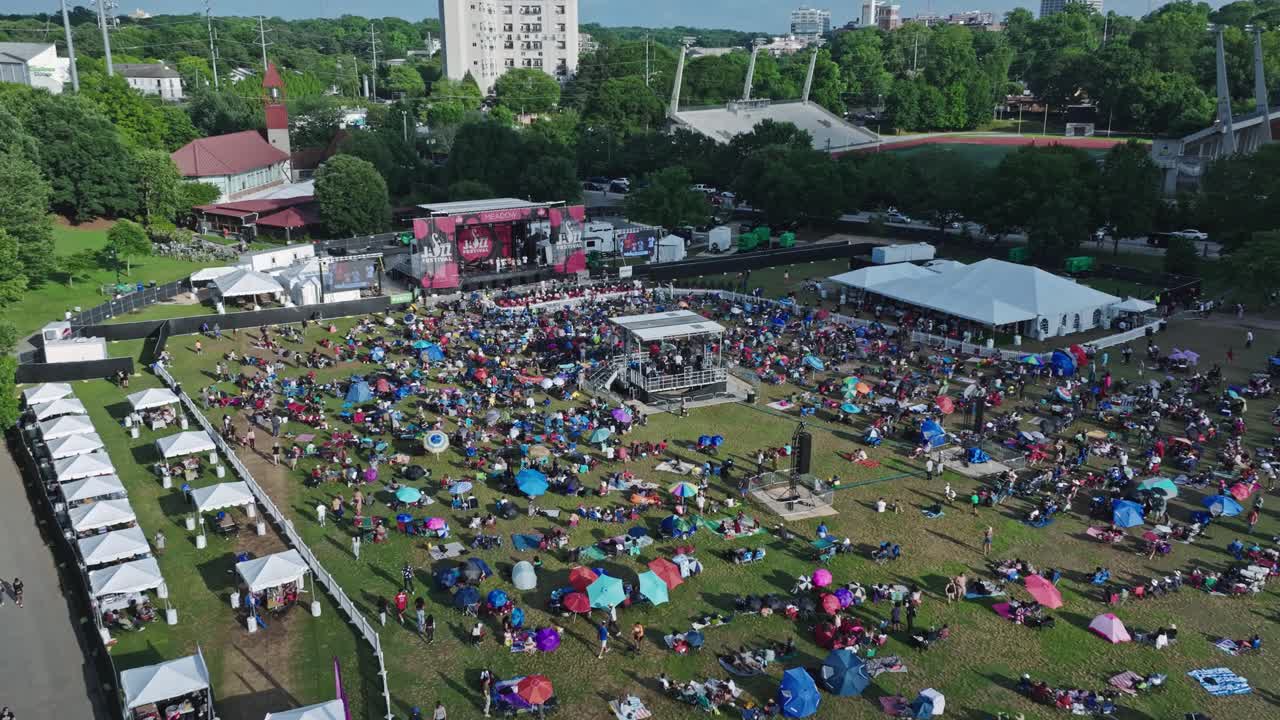 Above View Of Piedmont Park During The Free Jazz Festival Concert In Atlanta, Georgia, USA. Aerial Shot