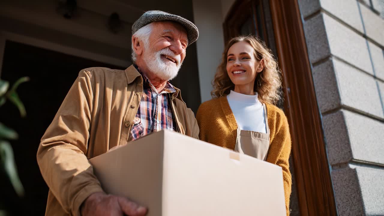 Heartwarming Scene of Intergenerational Bonding as a Smiling Elderly Man Delivers a Package to a Young Woman, Celebrating Connection and Joy in Their Relationship Outside a Beautiful Home