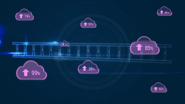 Animation of cloud icons and data processing over dark background