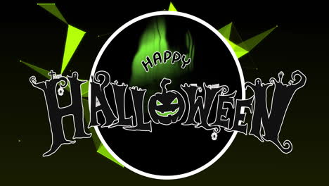 feliz texto de halloween con llamas verdes y formas geométricas en la animación de fondo