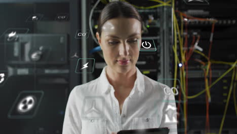 animation of eco icons and data processing over caucasian businesswoman by computer servers