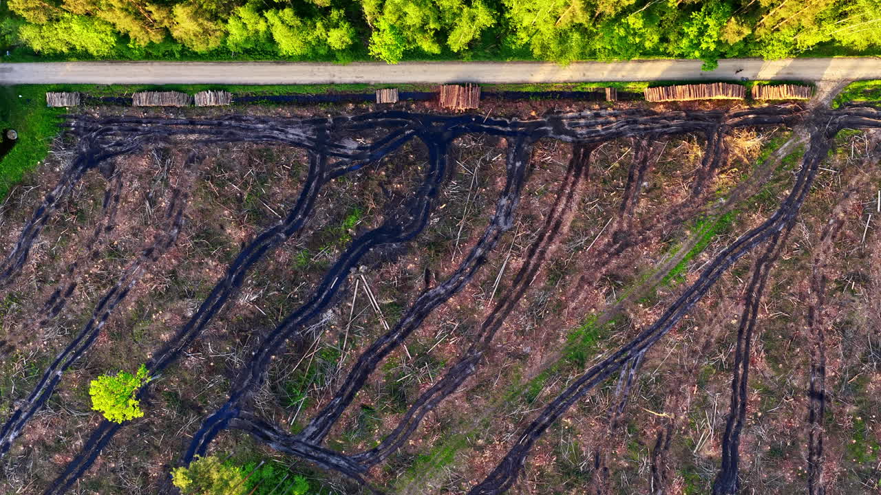 Logging site with felled trees and machine tracks cutting through forest clearing