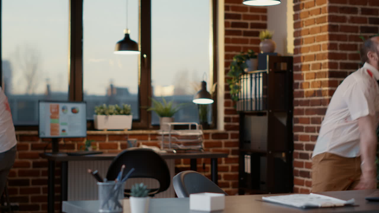 Scary evil looking monsters wandering around office workplace while growling