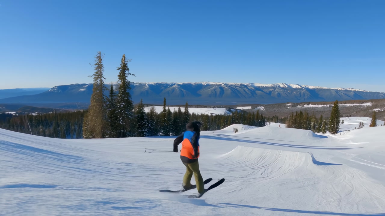 Skier Jumping Over Snowy Mountain Terrain Orange Jacket Performing Freestyle Aerial Trick Above Powder