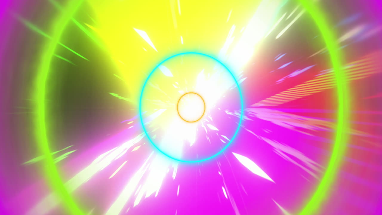 animación de círculos de neón azules y verdes que se mueven en un bucle sin costuras sobre senderos de luz.