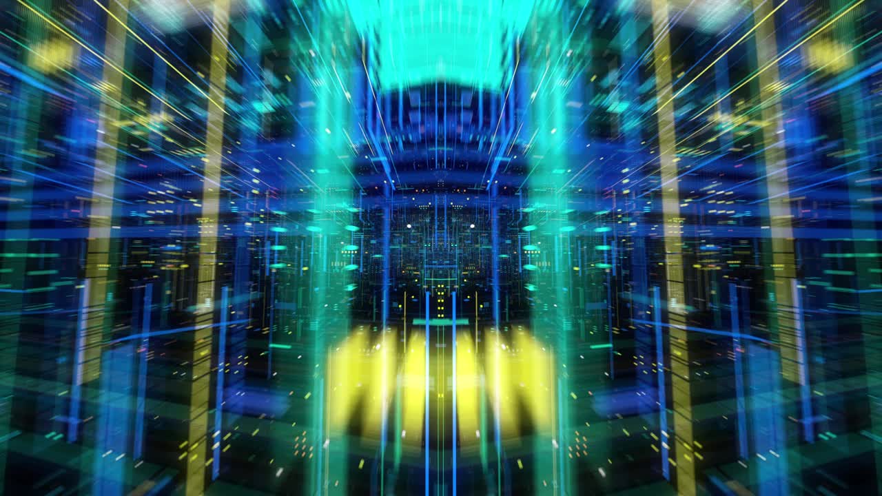 volare attraverso dati digitali di ologramma a matrice astratta tecnologica.