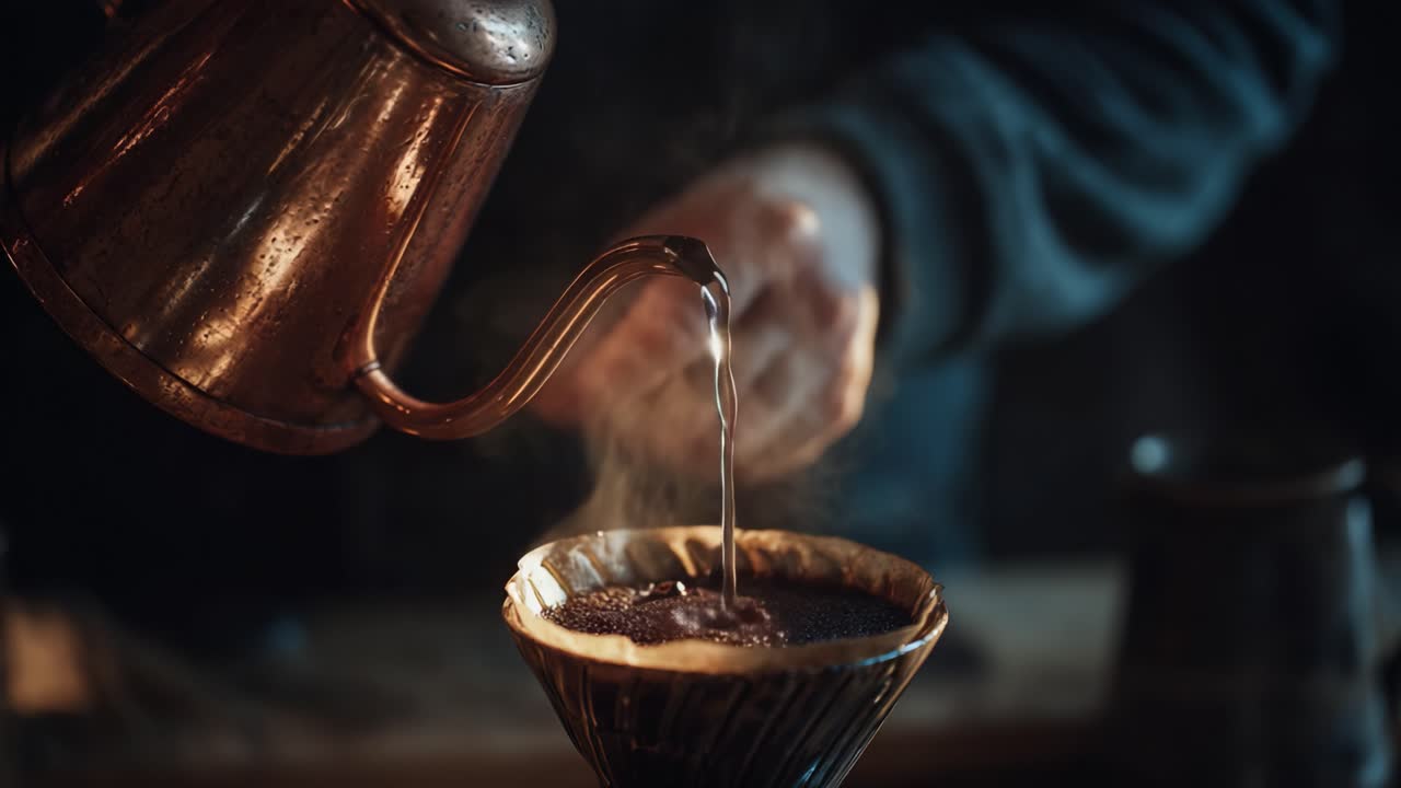 A Barista Perfectly Pours Hot Water into a Coffee Filter, Crafting Aromatic Brew with Skillful Precision, Capturing the Essence of Coffee Culture in a Serene, Dimly Lit Atmosphere