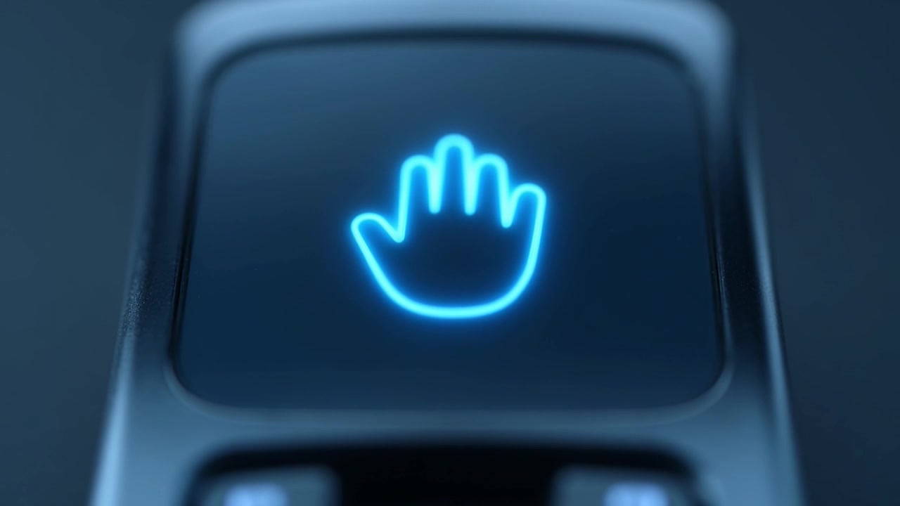 Icona di mano blu luminosa appare sullo schermo del dispositivo digitale