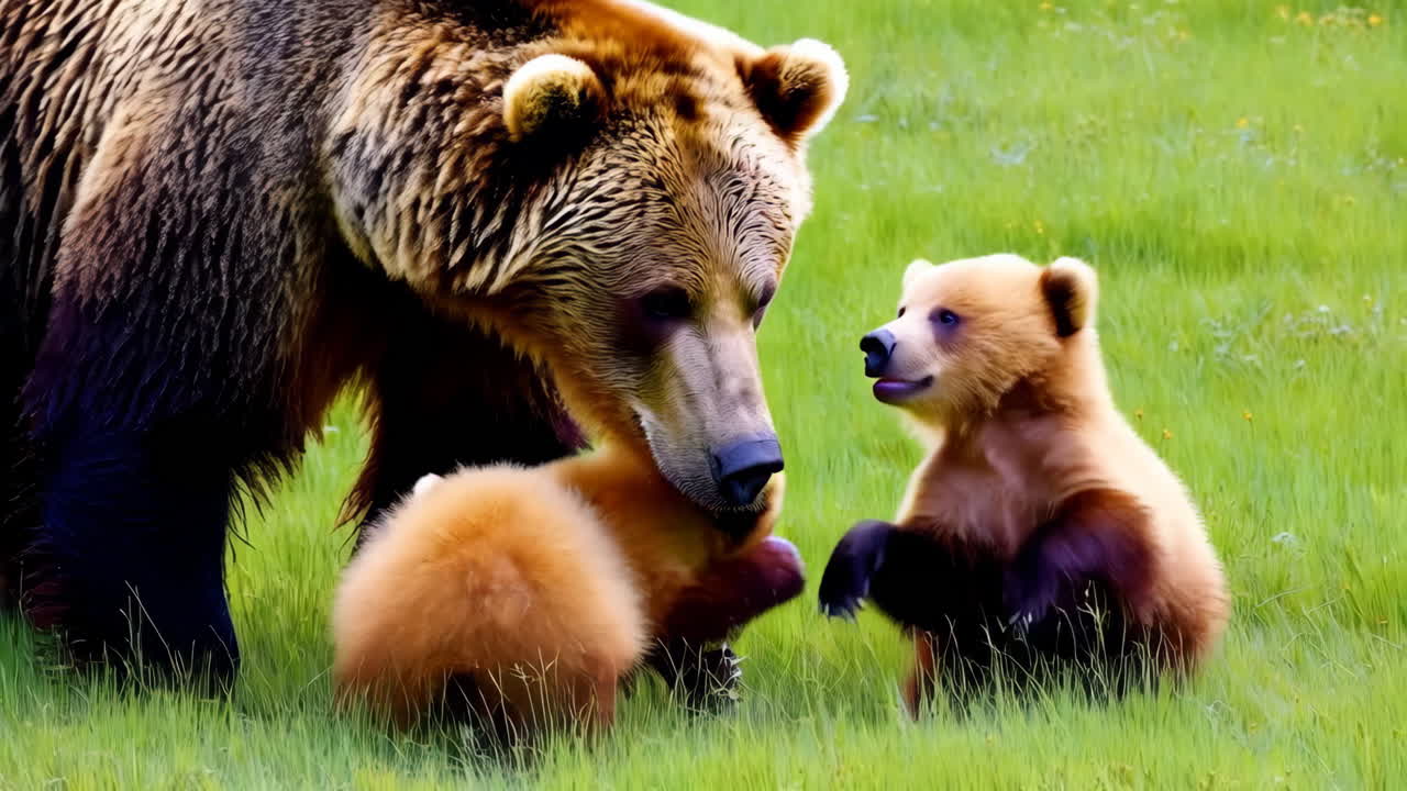 Urso-pardo e filhotes em um campo gramado