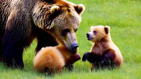 grizzly bear and cubs in a grassy field