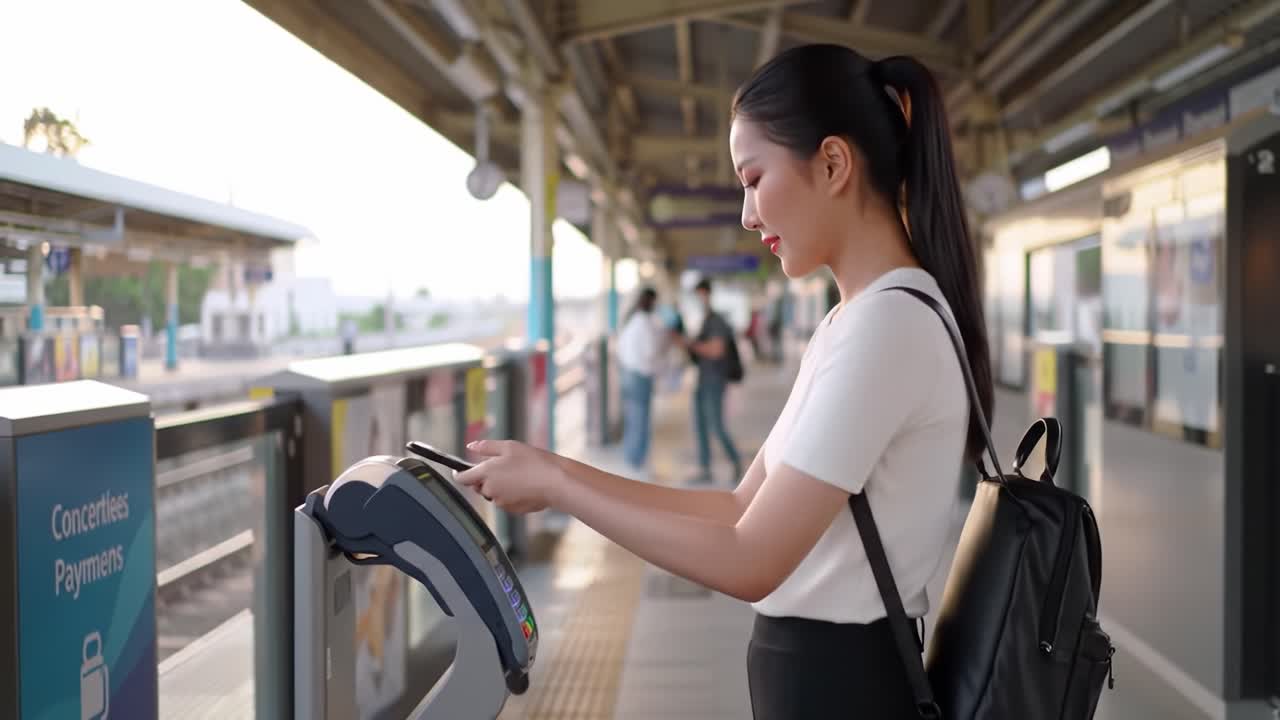 A young woman stands at a modern transit station, using her mobile phone to facilitate payment at a contactless card reader while waiting for her train.