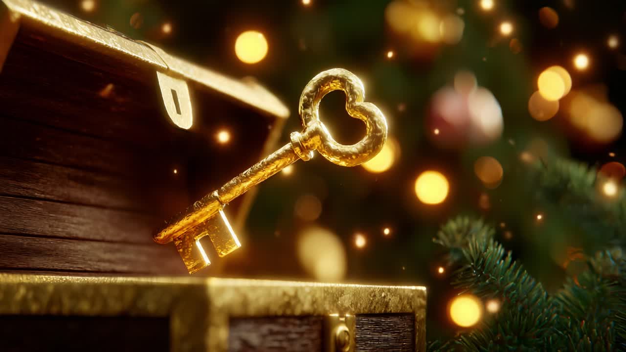 A Golden Heart-Shaped Key Floating Above an Ornate Treasure Chest, Surrounded by Softly Blurred Colorful Lights, Exuding a Magical and Enchanting Holiday Atmosphere with a Glimpse of Christmas Cheer