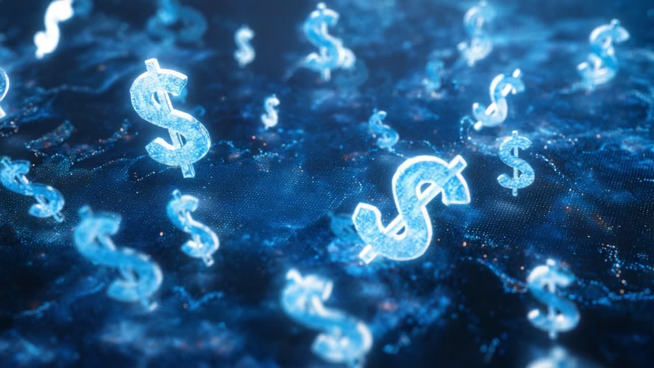 Luminous dollar symbols made of glowing particles are gently floating and moving in a futuristic blue digital environment, representing the concepts of virtual currency and online finance