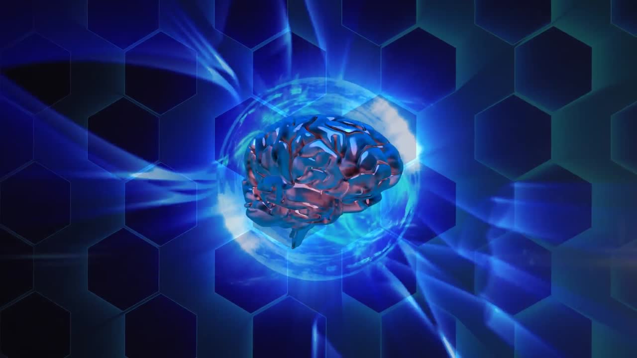 파란색 배경의 육각형 모양에 대해 회전하는 인간의 뇌의 디지털 애니메이션
