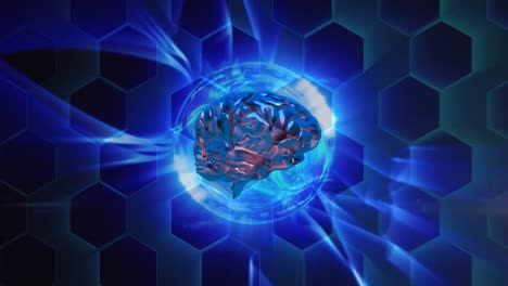 Digital-animation-of-human-brain-spinning-against-hexagonal-shapes-on-blue-background