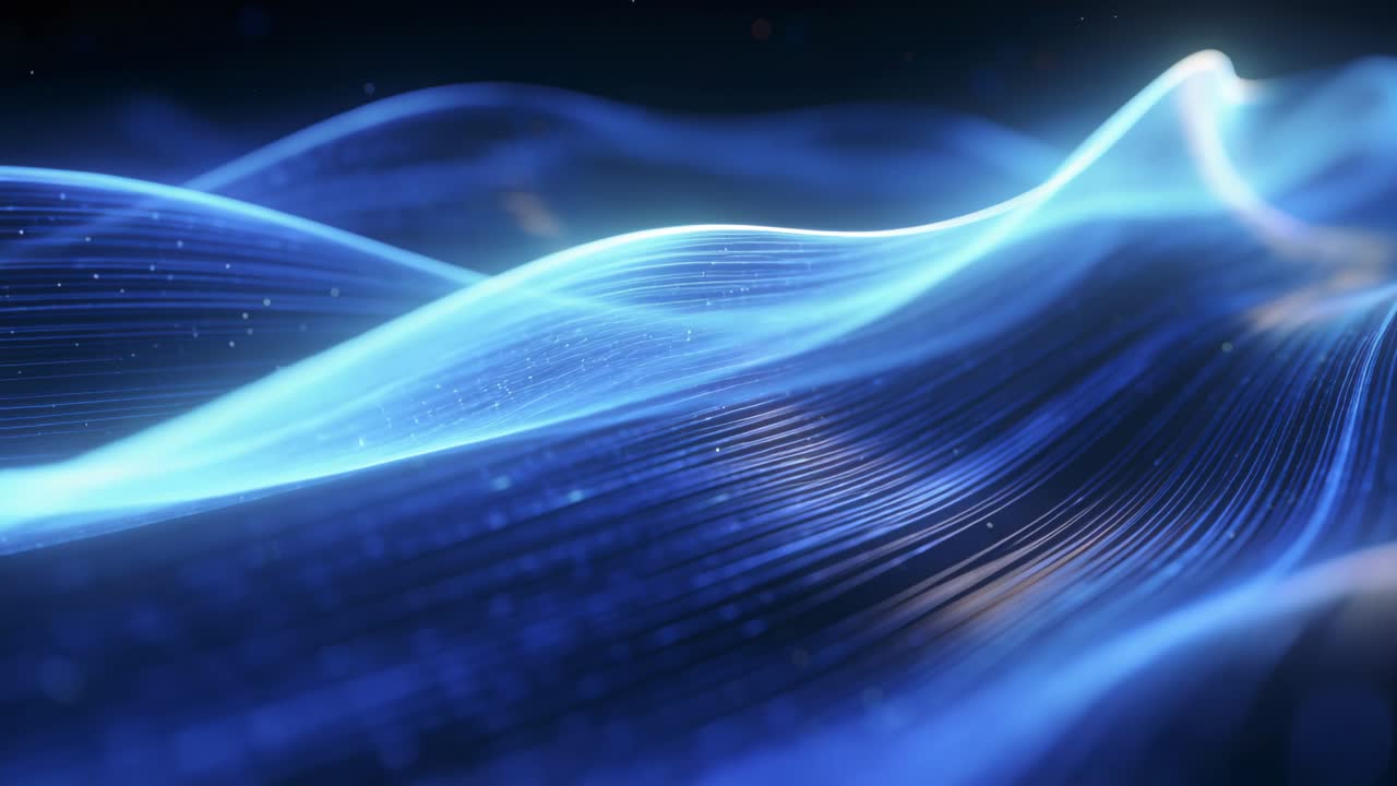 On playback blue ribbons rolling right across starfield, pulsing crests showing technology design