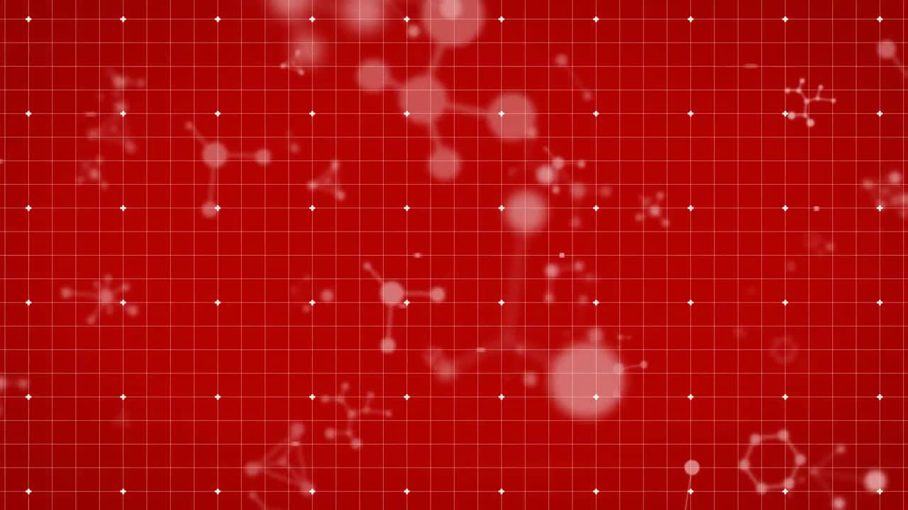 빨간색 배경에 떠다니는 화학 구조의 애니메이션