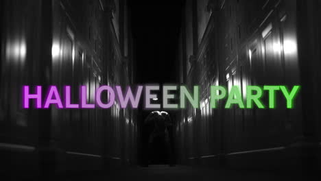 halloween party text animation over dark, spooky hallway with dim lights