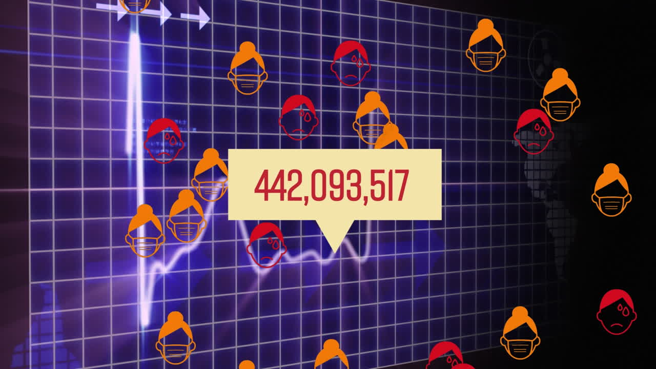 배경 에 심장 박동 모니터 위 에 떠 있는 얼굴 그림 을 가진 숫자 들 의 애니메이션