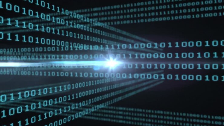 Animation of binary coding data processing over black background