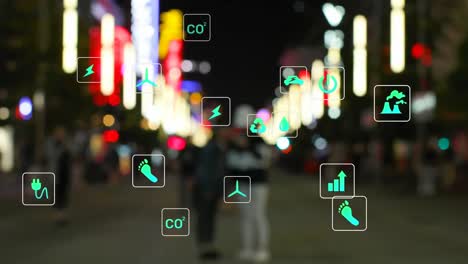 Animation-of-multiple-icons-over-blurred-diverse-females-taking-selfie-through-camera-on-street