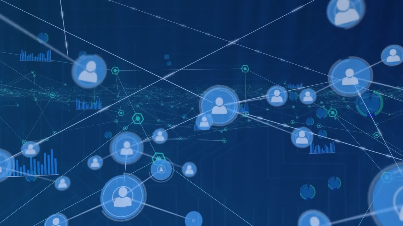 animación de iconos conectados sobre gráficos y puntos conectados contra un fondo abstracto