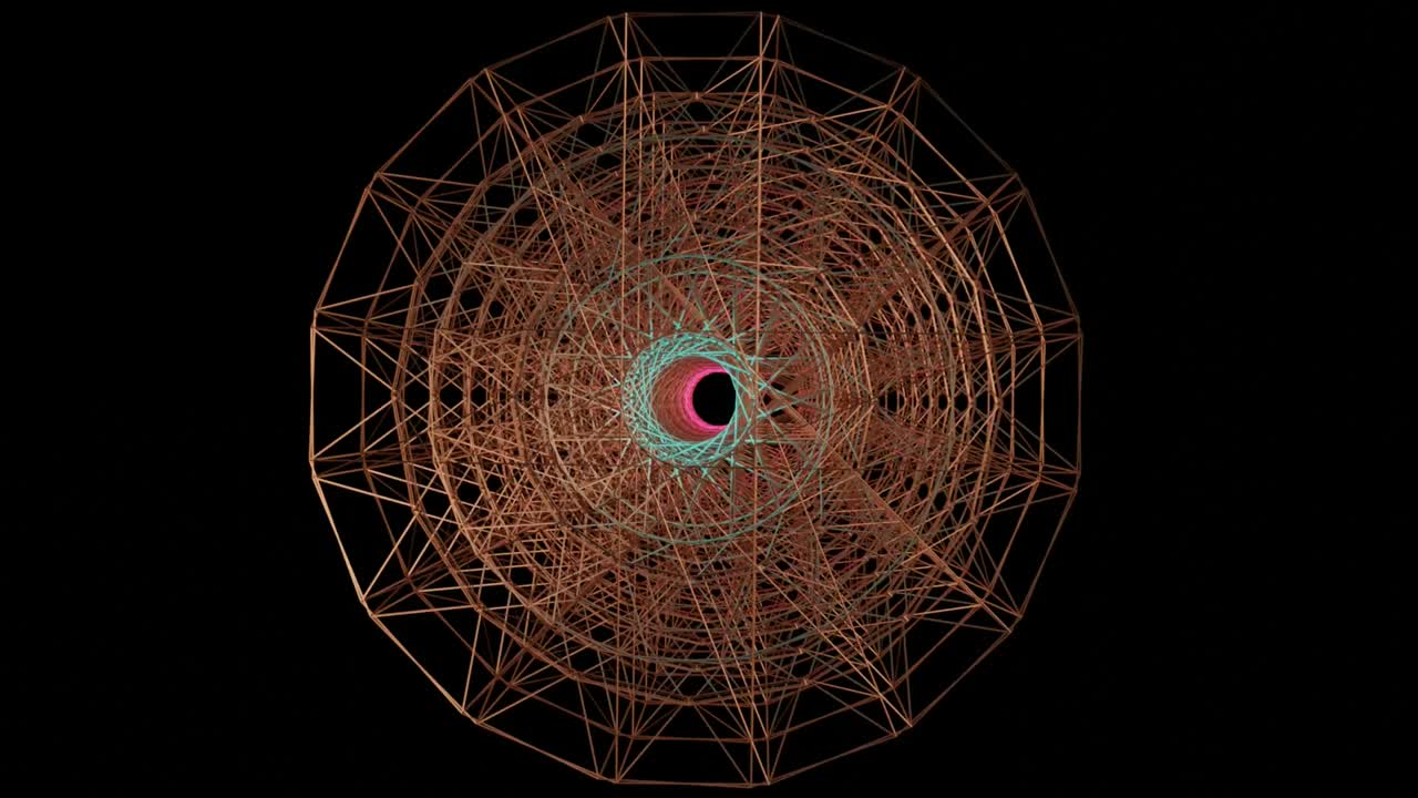 animación de video en 4k de un objeto de wireframe abstracto de ciencia ficción en 3d que gira sobre su eje, aislado en un fondo negro.