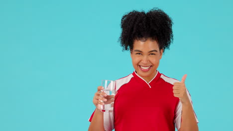 Sports-face,-thumbs-up-and-happy-woman-drinking