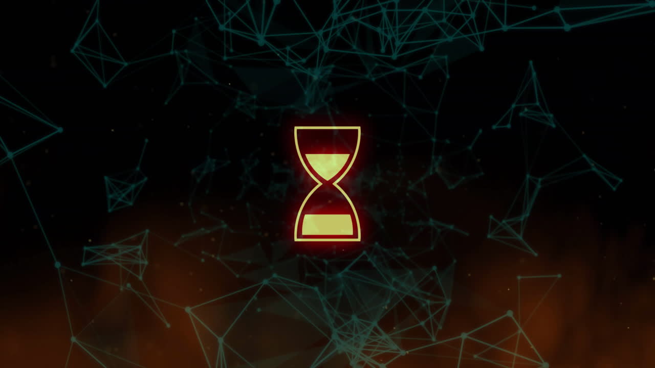 Animation of hourglass over network of connections on black background