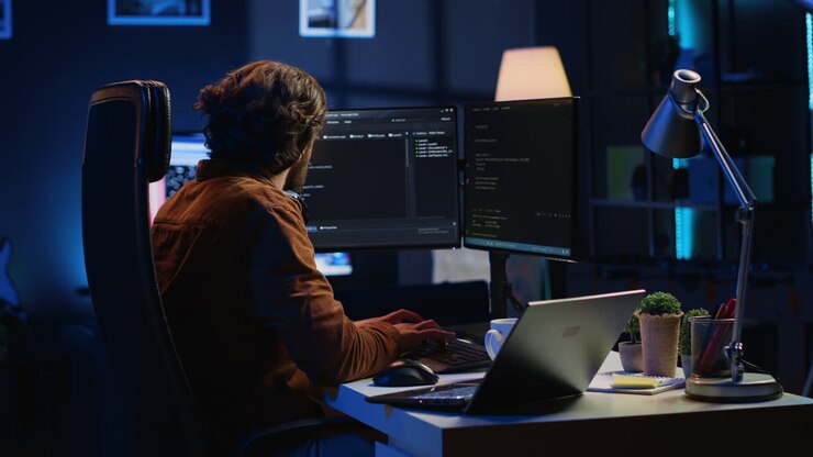 Programmer taking break from coding, putting headphones on and stretching