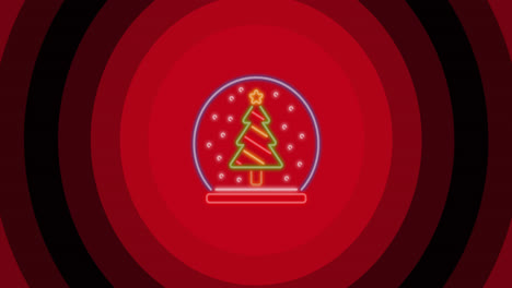 animation of christmas tree in snow globe over red circles