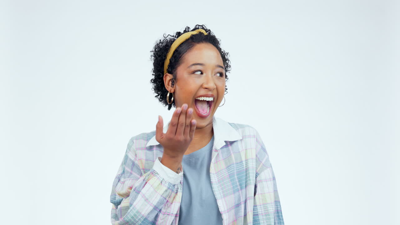 Happy woman, face and blow kiss with hands