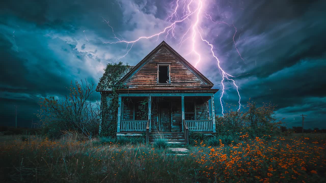 Flashing purple lightning striking near abandoned house from storm, lighting porch and flowers