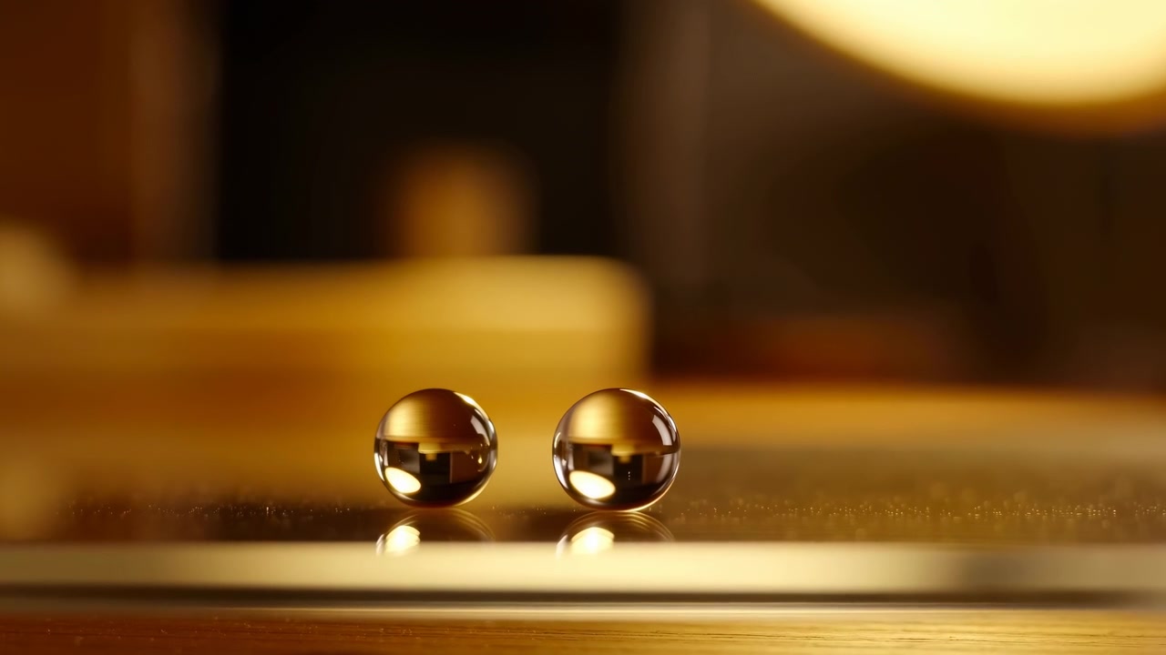 Duas pequenas esferas metálicas reflexivas repousam sobre uma superfície horizontal lisa, iluminadas por uma luz ambiente dourada e quente com bokeh suave no fundo e um clima abstrato e calmo