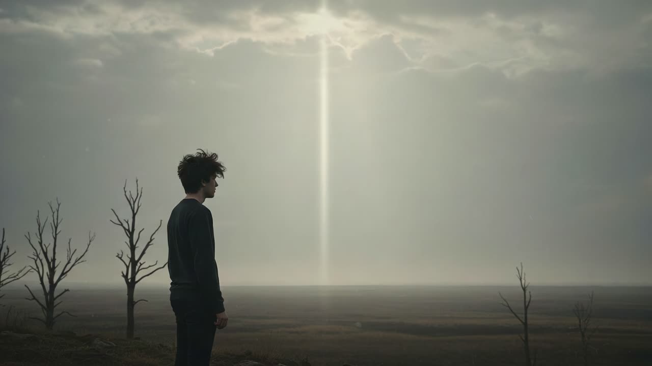 A solitary figure stands amidst a desolate landscape, gazing at a divine light breaking through dark clouds, reflecting a journey of introspection and discovery