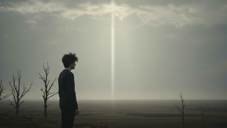 a solitary figure stands amidst a desolate landscape, gazing at a divine light breaking through dark clouds, reflecting a journey of introspection and discovery