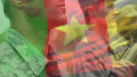 holding rifles, soldiers with cameroon flag animation overlay