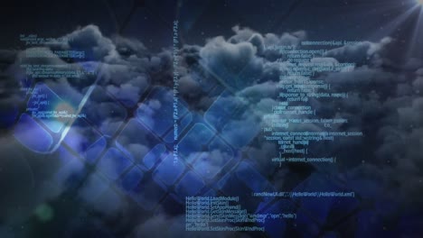 Animation-of-data-processing-over-clouds-on-black-background