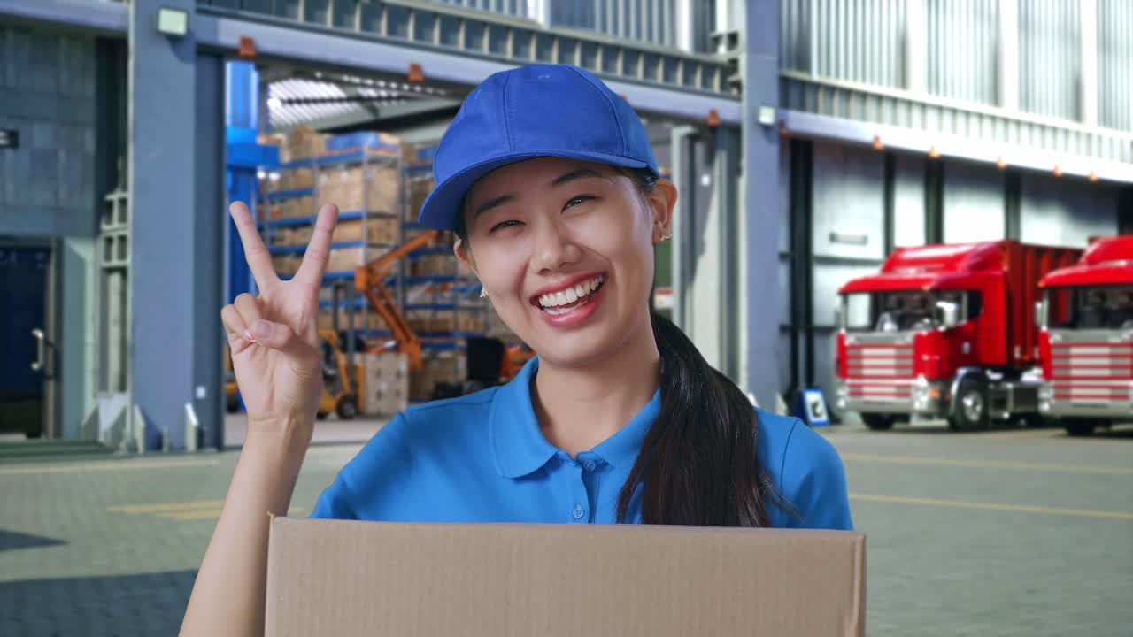 Close Up Of Asian Female Courier In Blue Uniform Showing Gesture Peace And Smiling While Delivering A Carton, Outside Warehouse