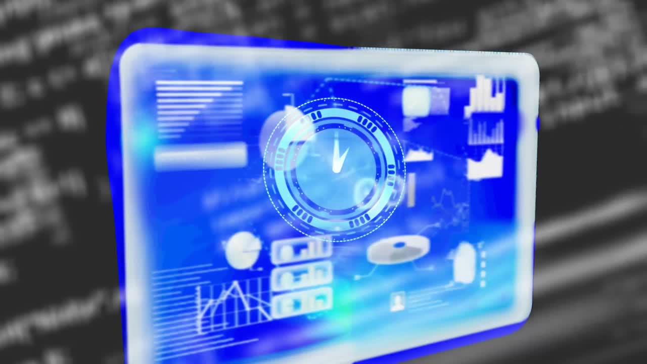 Animation of clock moving fast and data processing on screen