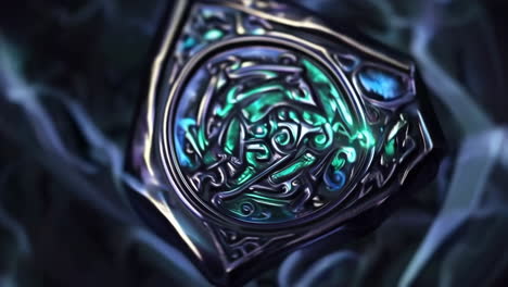 detailed view of a glowing, ornate trophy shield
