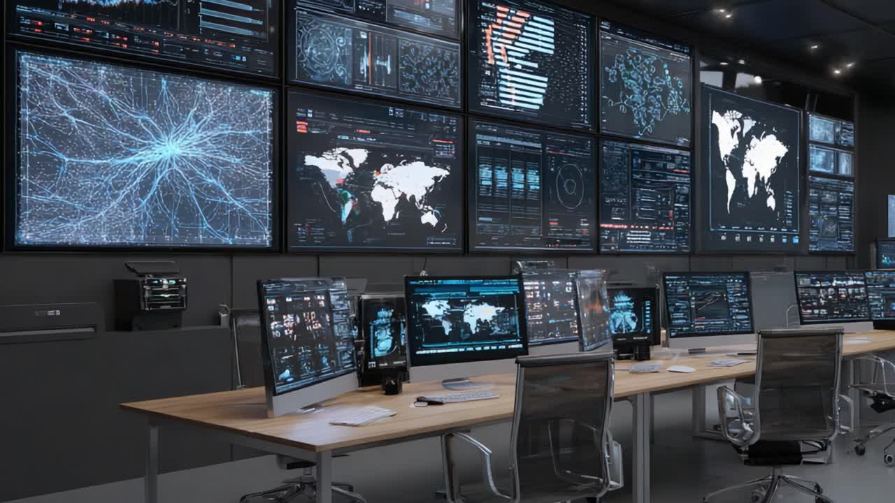 Sala di controllo ad alta tecnologia dotata di numerosi schermi e strumenti di analisi dati, che mostra monitoraggio in tempo reale e intuizioni strategiche in un ambiente moderno.